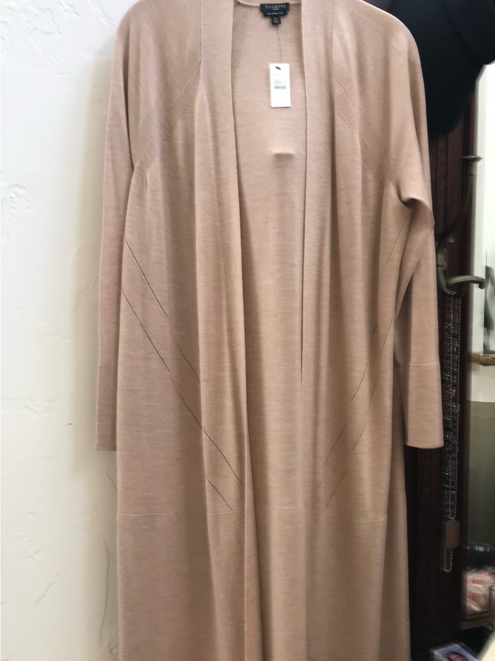 1X Talbots Long Open-Front Duster Cardigan in Light Taupe